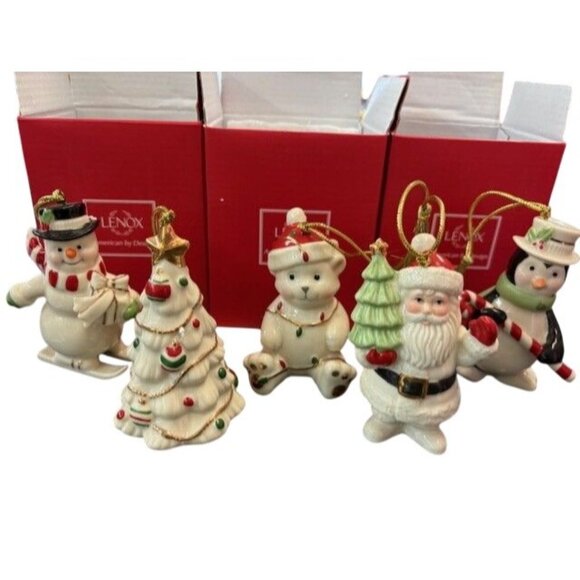 Lenox Christmas Ornament Set Of 5 Snowman Santa Bear Tree Penguin Porcelain With - Picture 1 of 4